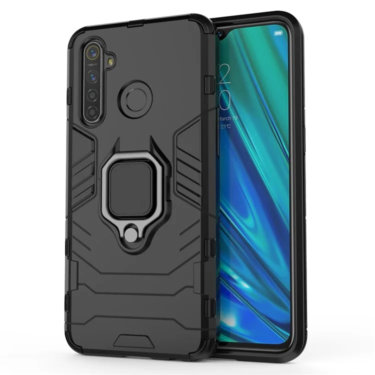 Plastic + TPU Hybrid Case with Ring Holder Kickstand for OPPO Realme 5 Pro - Black
