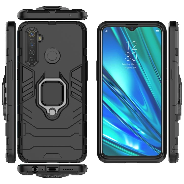 Plastic + TPU Hybrid Case with Ring Holder Kickstand for OPPO Realme 5 Pro - Black