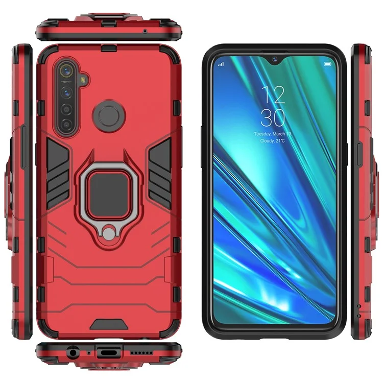 Plastic + TPU Hybrid Case with Ring Holder Kickstand for OPPO Realme 5 Pro - Red
