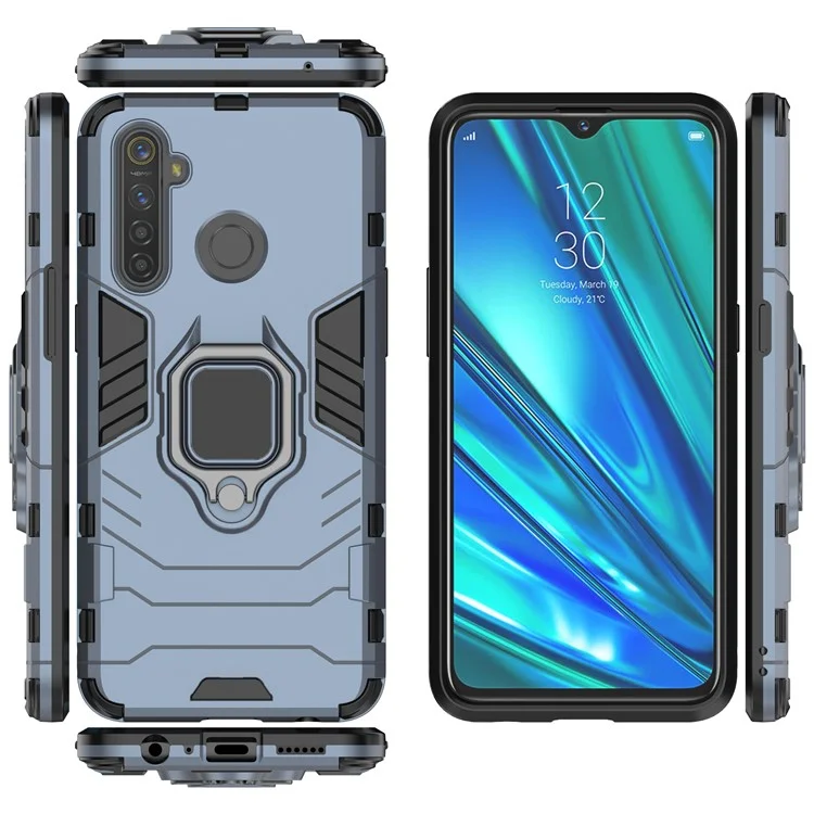 Plastic + TPU Hybrid Case with Ring Holder Kickstand for OPPO Realme 5 Pro - Blue