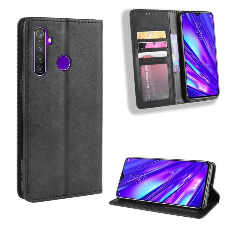 Magnetic Retro PU Couather Wallet Mobile Shell Para Oppo Realme 5 Pro/realme Q - Preto