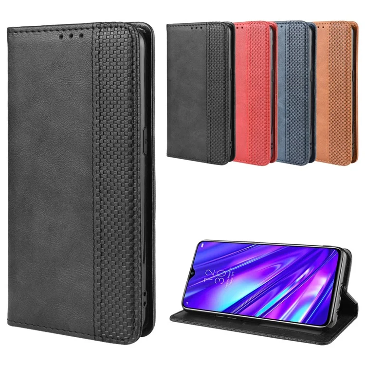 Magnetic Retro PU Leather Wallet Mobile Shell for Oppo Realme 5 Pro/Realme Q - Black