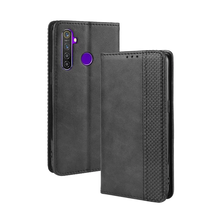 Magnetic Retro PU Leather Wallet Mobile Shell for Oppo Realme 5 Pro/Realme Q - Black