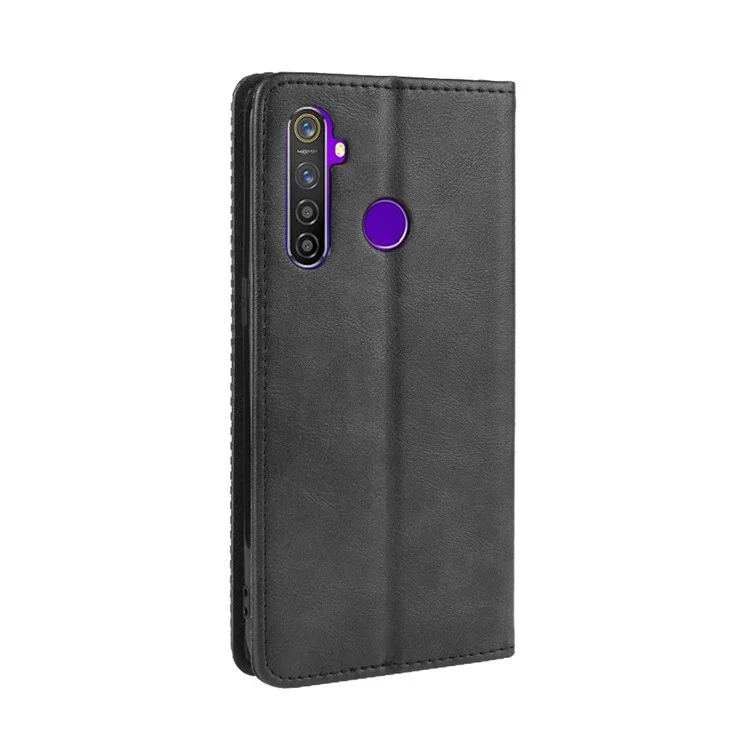 Shell de Portefeuille en Cuir PU Rétro Magnétique Pour Oppo Realme 5 Pro / Realme Q - le Noir