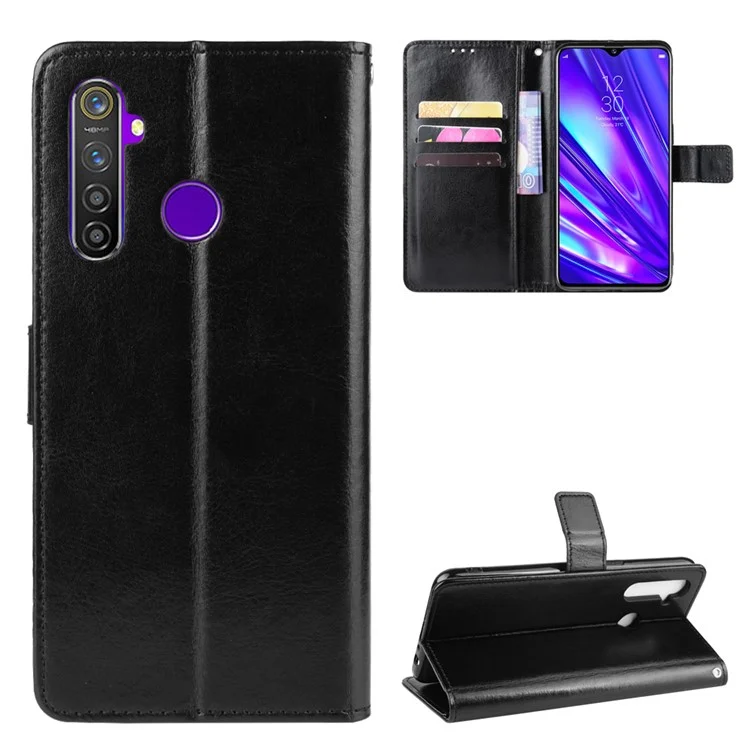 Crazy Horse Skin Leather Cover for Oppo Realme Q/Realme 5 Pro - Black