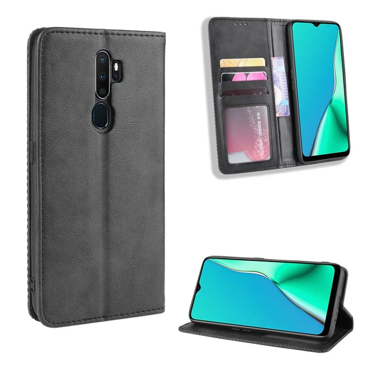 Étui de Portefeuille de Support en Cuir PU de Style Rétro Pour OPPO A9 2020 / a5 2020 / A11 / A11x - le Noir