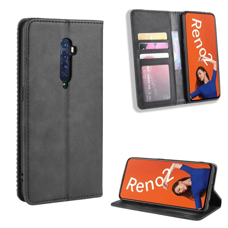 Vintage Style Leather Wallet Case for OPPO Reno2 - Black