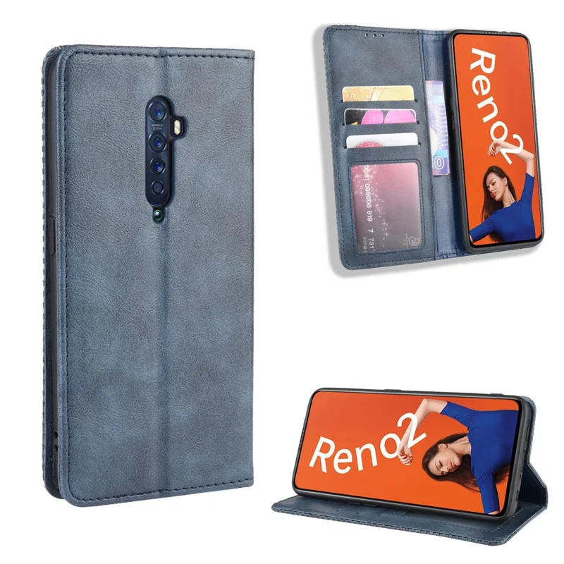Vintage Style Leather Wallet Case for OPPO Reno2 - Blue