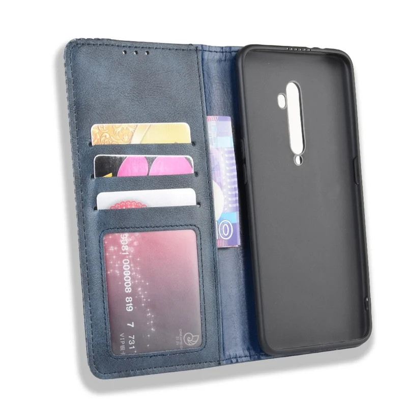 Vintage Style Leather Wallet Case for OPPO Reno2 - Blue