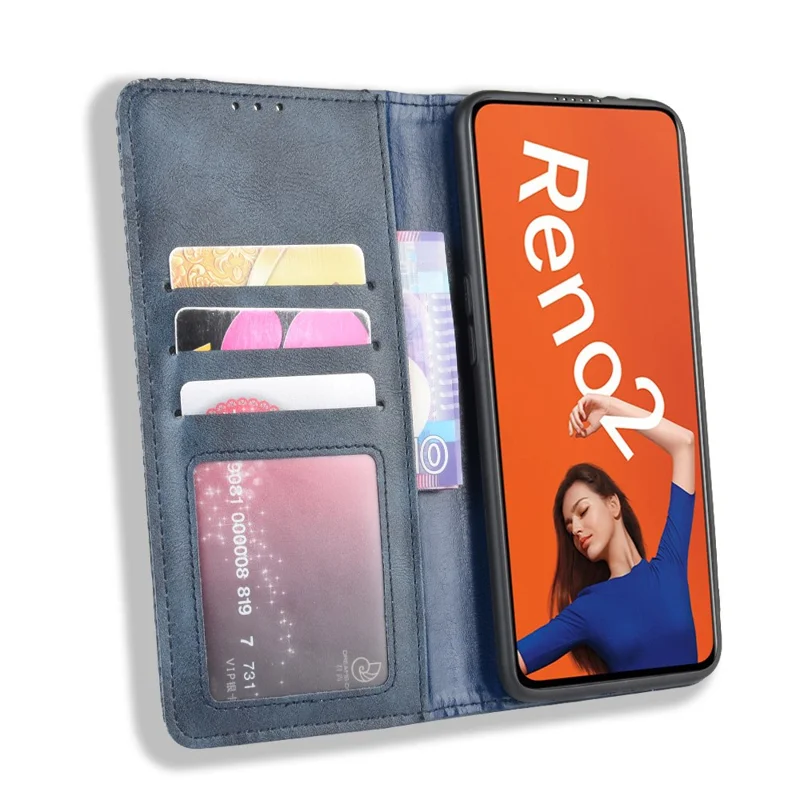 Vintage Style Leather Wallet Case for OPPO Reno2 - Blue