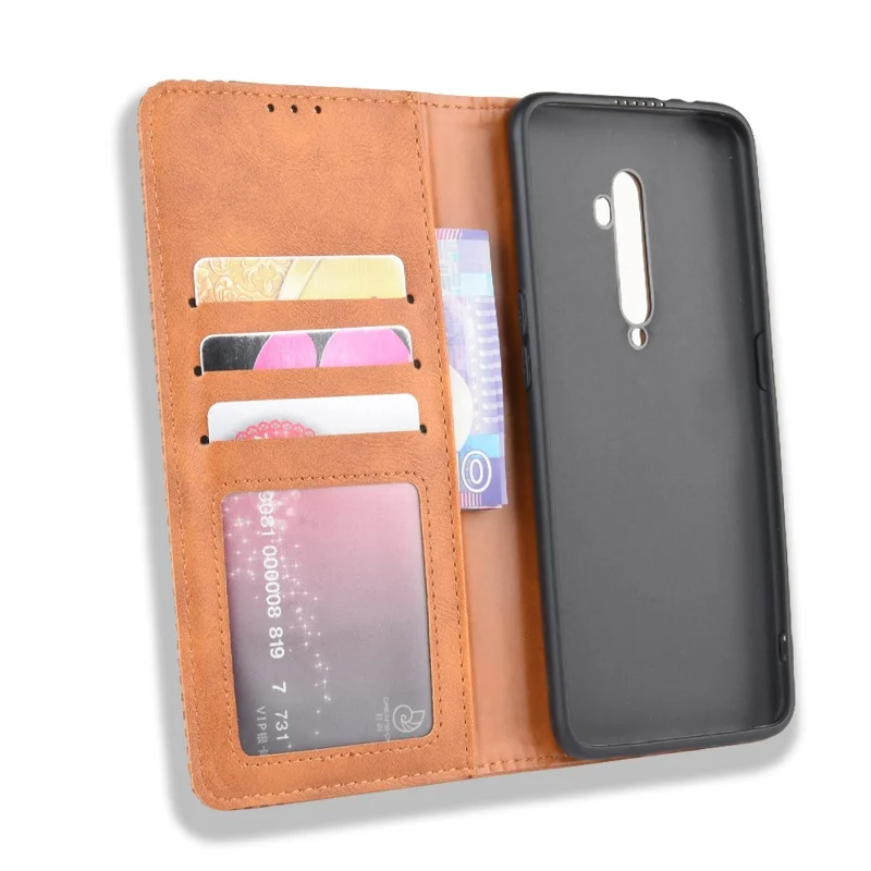 Vintage Style Leather Wallet Case for OPPO Reno2 - Brown