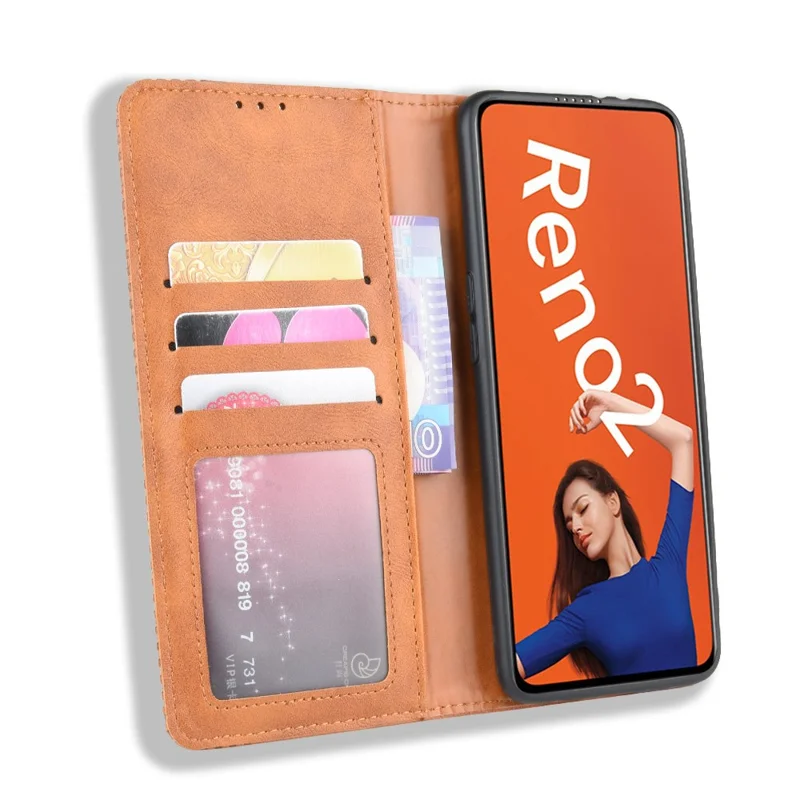 Vintage Style Leather Wallet Case for OPPO Reno2 - Brown