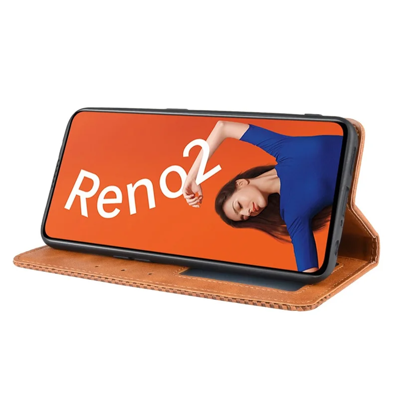 Vintage Style Leather Wallet Case for OPPO Reno2 - Brown