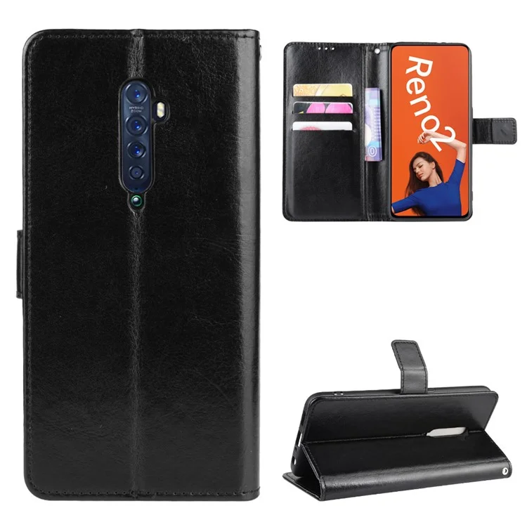 Crazy Horse Leather Wallet Case for OPPO Reno2 - Black