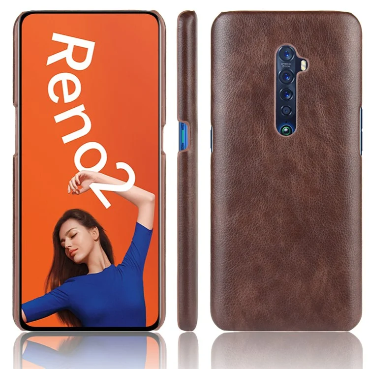 Litchi Texture PU Leather Coated PC Back Case for OPPO Reno 2 - Brown