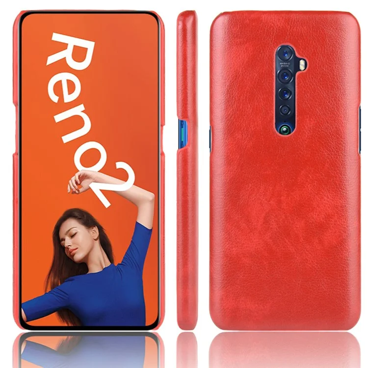 Litchi Texture PU Leather Coated PC Back Case for OPPO Reno 2 - Red