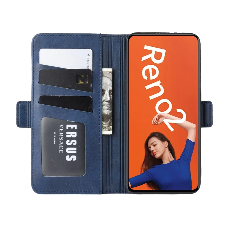 PU Leather Wallet Mobile Cell Case for OPPO Reno 2 - Blue