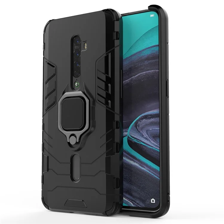 Cool Guard Ring Holder Kickstand PC TPU Hybrid Case for OPPO Reno2 - Black
