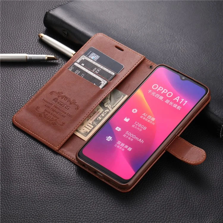 Carteira de Couro AZNS Leather Wallet Stand Case para OPPO A9 (2020) / A11x - Café