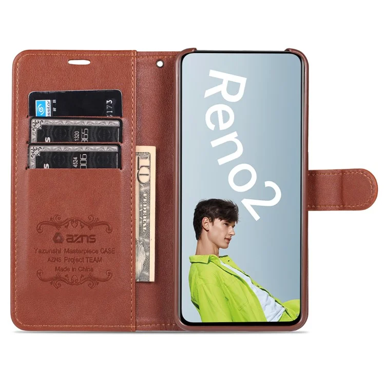 Azns pu Leather Wallet Stand Case Pour Oppo Reno2 - Café