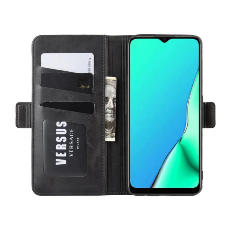 Leather Wallet Stand Protective Case for OPPO A9 (2020) - Black