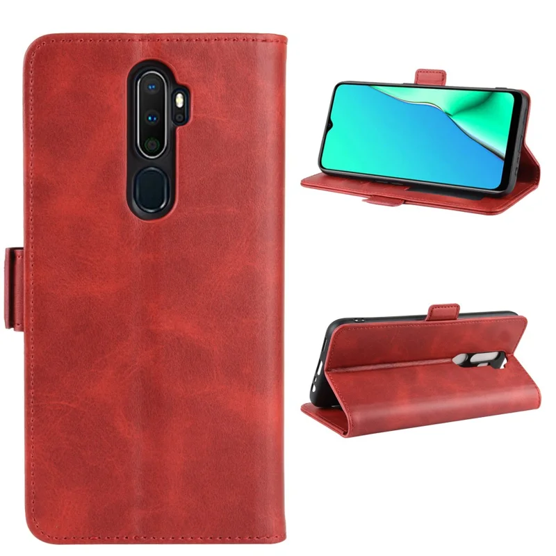Leather Wallet Stand Protective Case for OPPO A9 (2020) - Red