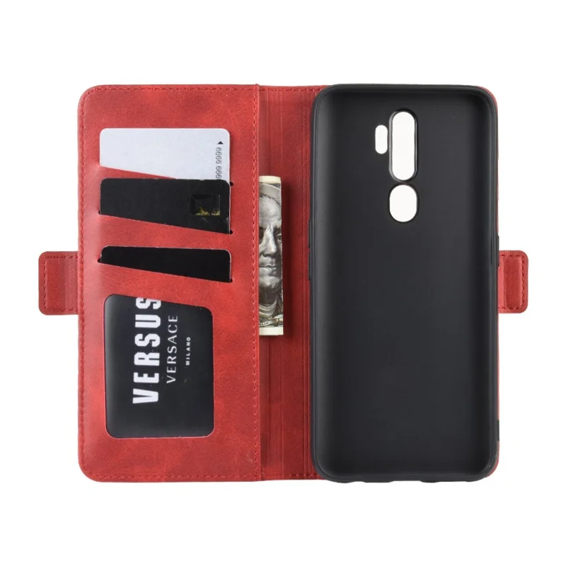Leather Wallet Stand Protective Case for OPPO A9 (2020) - Red