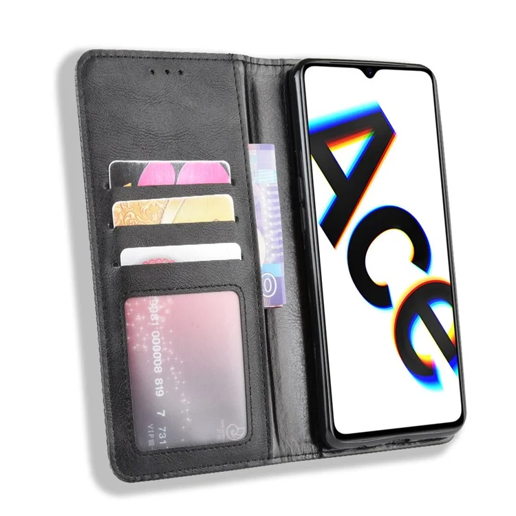 Vintage Style Stand Leder Brieftasche Für Oppo Reno Ace / Realme X2 Pro - Schwarz