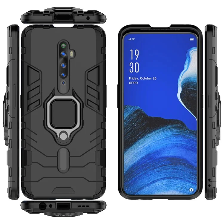 Cool Guard Ring Holder Kickstand PC+TPU Hybrid Phone Cover for OPPO Reno2 Z - Black