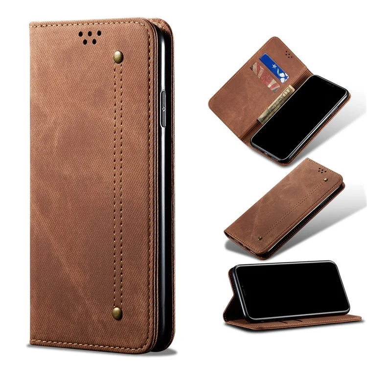 Retro Style Jeans Cloth Leather Wallet Case for OPPO A9 (2020) / A11x - Coffee