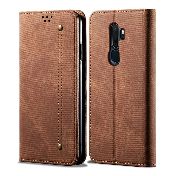 Retro Style Jeans Cloth Leather Wallet Case for OPPO A9 (2020) / A11x - Coffee