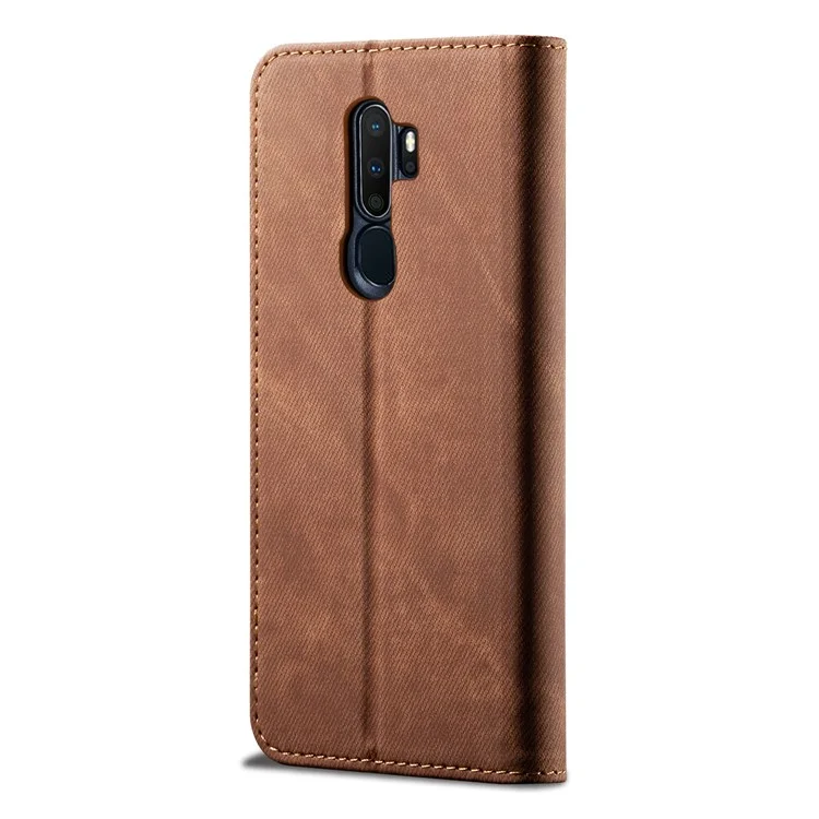 Retro Style Jeans Cloth Leather Wallet Case for OPPO A9 (2020) / A11x - Coffee