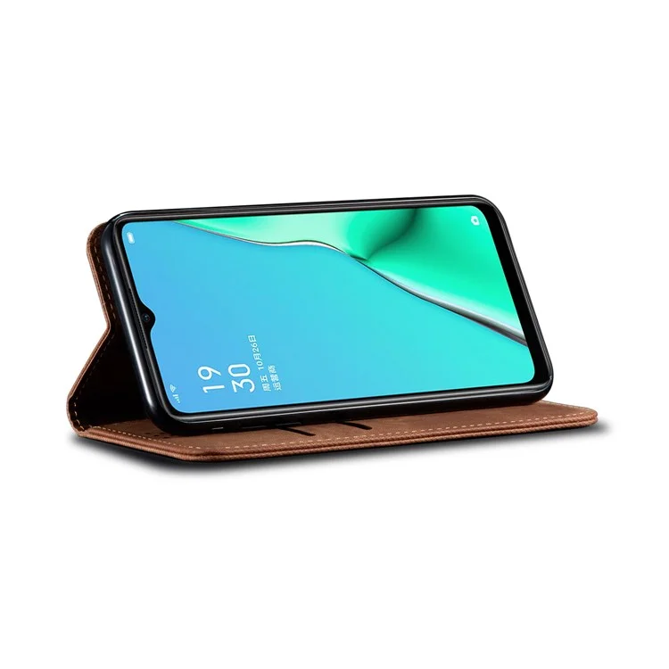 Retro Style Jeans Cloth Leather Wallet Case for OPPO A9 (2020) / A11x - Coffee