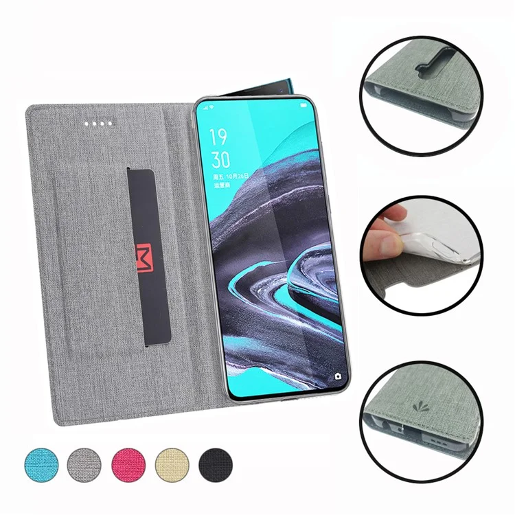 VILI DMX Cross Texture Card Holder Leather Stand Shell for Oppo Reno2 - Grey