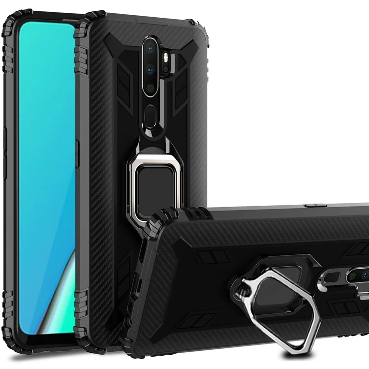 Finger Ring Kickstand TPU Phone Casing [Built-in Magnetic Metal Sheet] for OPPO A9 (2020) - Black