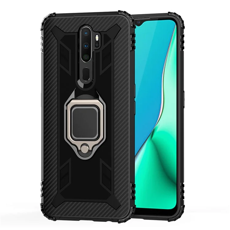 Finger Ring Kickstand TPU Phone Casing [Built-in Magnetic Metal Sheet] for OPPO A9 (2020) - Black