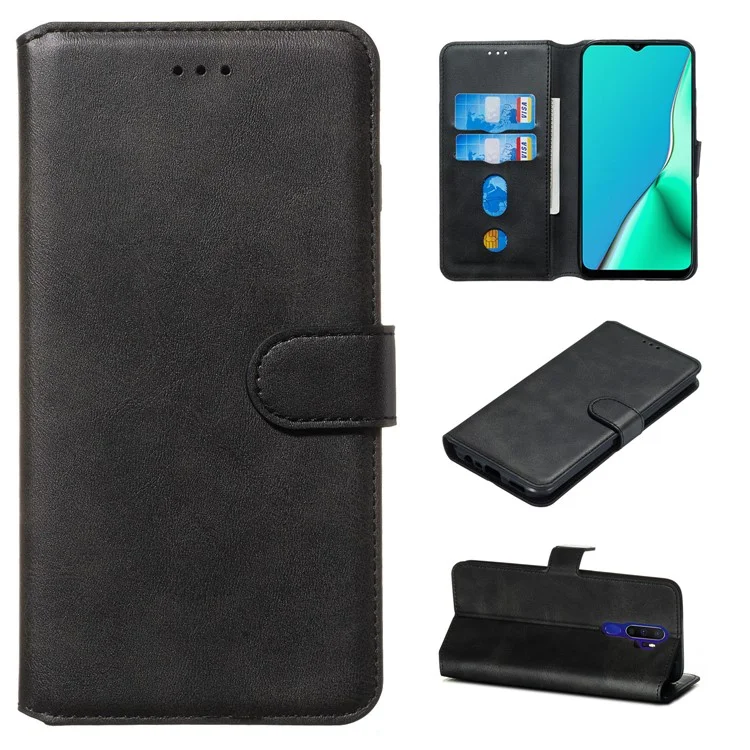 Solid Color Flip Leather Wallet Phone Cover for OPPO A9 (2020)/A5 (2020) - Black