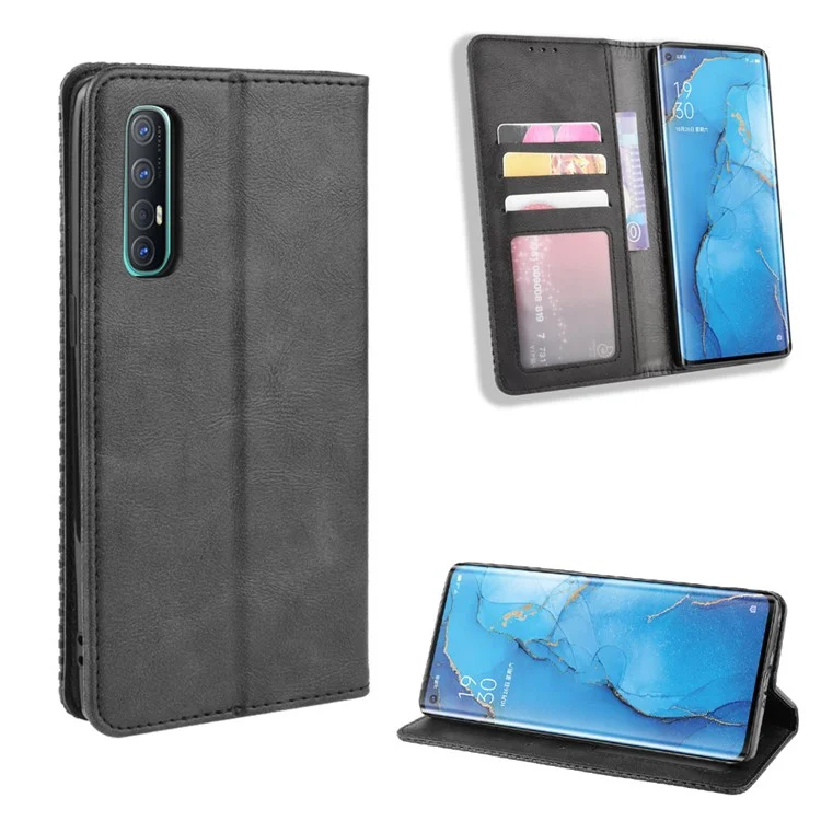Portafoglio in Pelle in Stile Vintage Con Supporto Per Oppo Reno3 Pro 5G - Nero