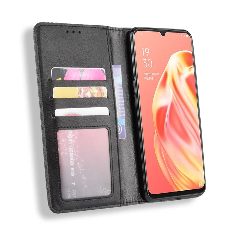 Vintage -stil Magnetischer Leder -brieftasche Telefonabdeckung Für Oppo A91/F15 - Schwarz