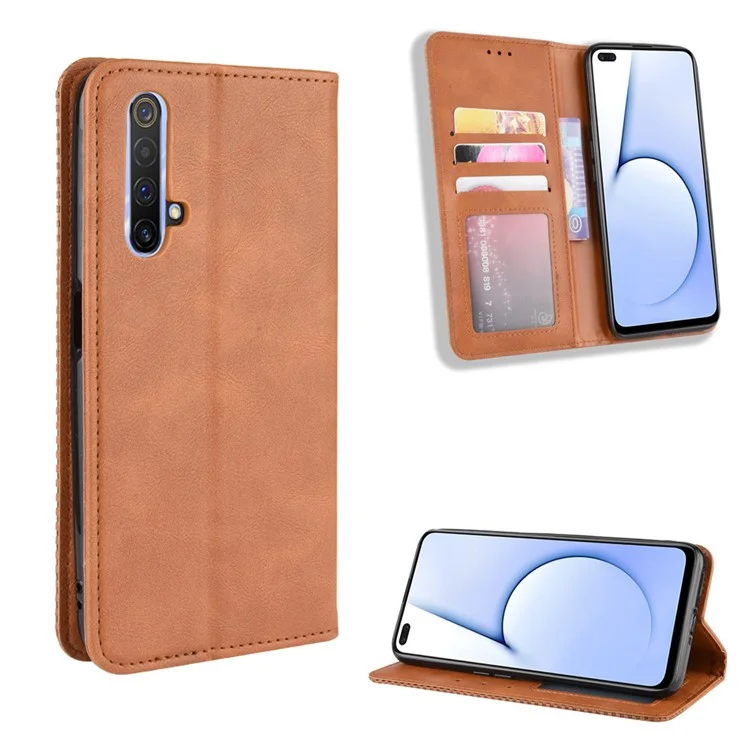 Vintage Style Leather Wallet Case for Realme X50 5G - Brown