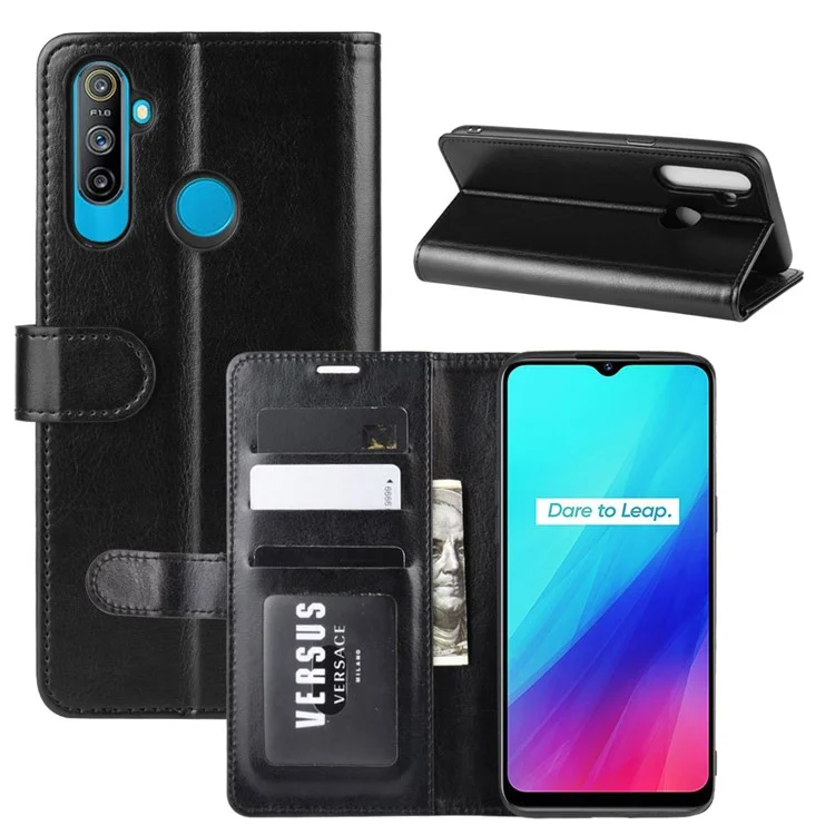 Crazy Horse Surface Leather Cartet Case Para Realme 5/Realme C3 (3 Câmeras) - Preto