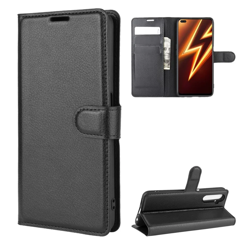 Litchi Skin Leather Wallet Stand Case for Realme 6 Pro - Black