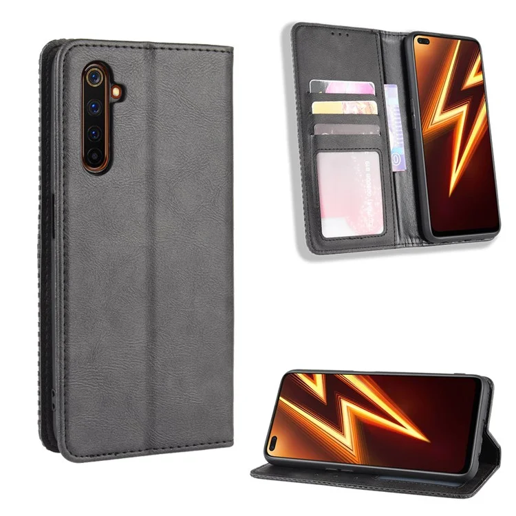 Para Realme 6 Pro Vintage Leather Auto-absorbed Protection Case com Carteira Stand - Preto