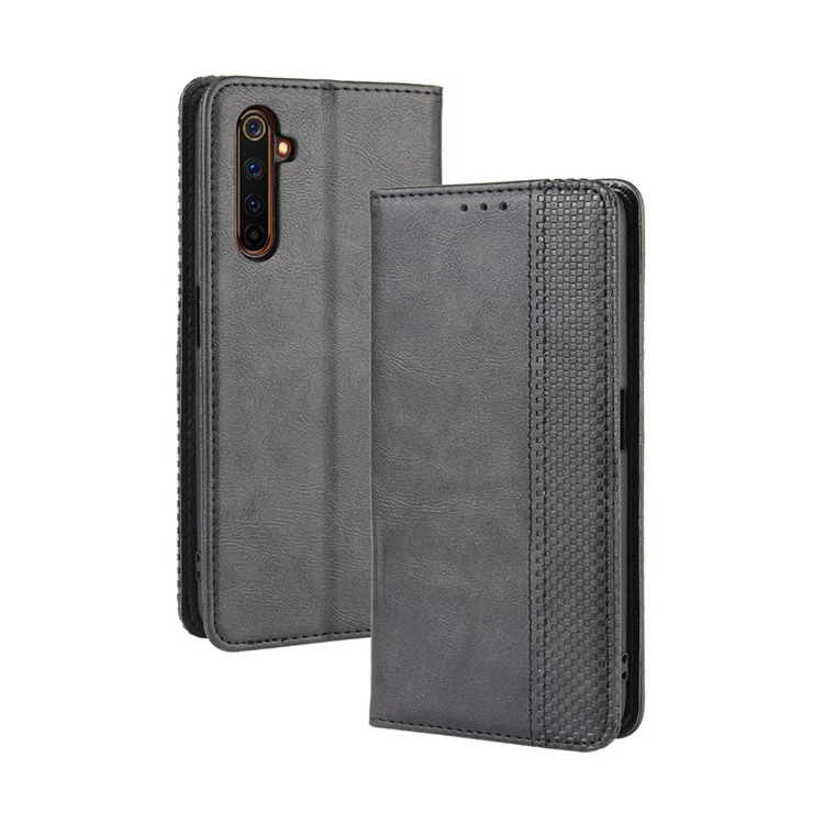 Para Realme 6 Pro Vintage Leather Auto-absorbed Protection Case com Carteira Stand - Preto