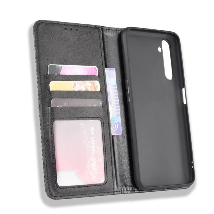 Para Realme 6 Pro Vintage Leather Auto-absorbed Protection Case com Carteira Stand - Preto