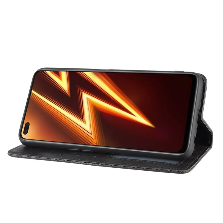 Para Realme 6 Pro Vintage Leather Auto-absorbed Protection Case com Carteira Stand - Preto