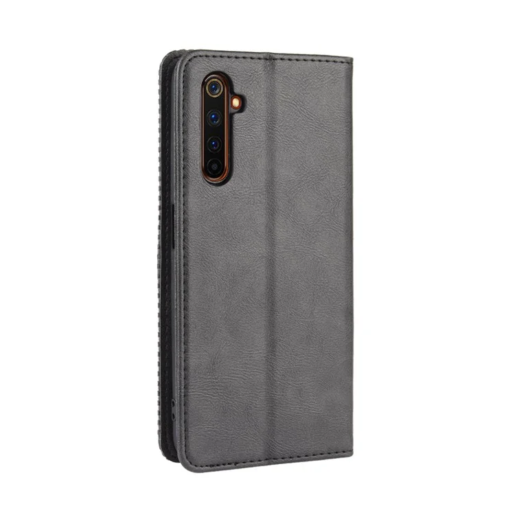 Para Realme 6 Pro Vintage Leather Auto-absorbed Protection Case com Carteira Stand - Preto