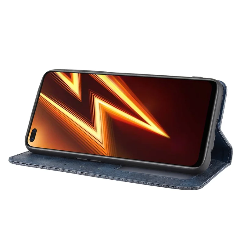 For Realme 6 Pro Vintage Leather Auto-absorbed Protection Case with Wallet Stand - Blue