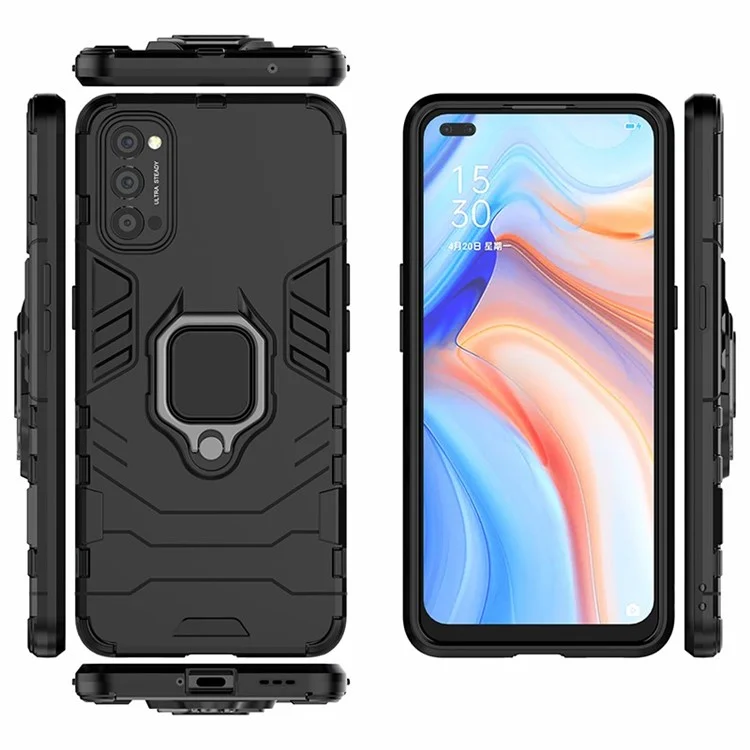 Cool Guard PC + TPU Hybrid Phone Case with Kickstand for Oppo Reno4 5G - Black