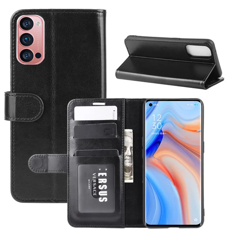 Crazy Horse Wallet Shell Stand Leather Phone Case for Oppo Reno4 Pro 5G - Black